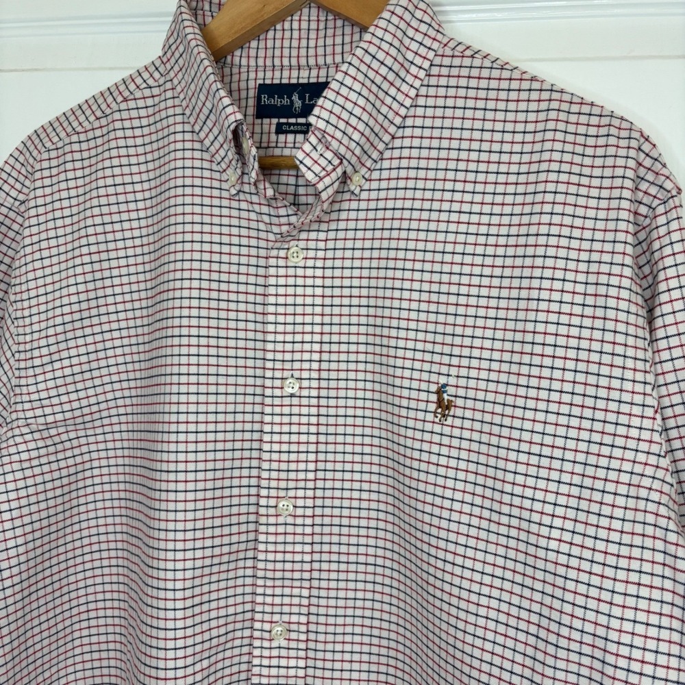Ralph Lauren Button Down Mens 17 36/37 Red Navy White Excellent Tattersall Check
